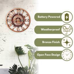 Marco Paul Large Bronze 30cm Open Faced Skeleton Mechanical garden clock Outdoor/Indoor - thumbnail 5