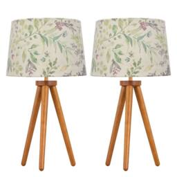 First Choice Lighting Set of 2 Dark Oak Table Lamp or Bedside Lights with Floral Shades in Brown