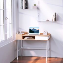 HOMCOM Computer Desk PC Workstation Laptop Table Storage Unit Metal Frame in Light Brown - thumbnail 1