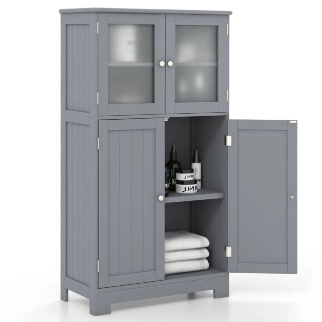 Costway Bathroom Floor Cabinet Freestanding Storage Cupboard W/ 2 Tempered Glass Doors in Grey - image 1