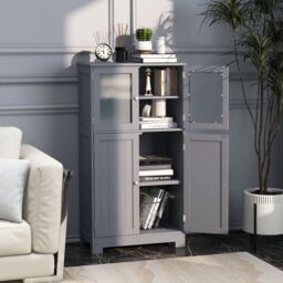 Costway Bathroom Floor Cabinet Freestanding Storage Cupboard W/ 2 Tempered Glass Doors in Grey - thumbnail 3
