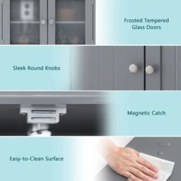 Costway Bathroom Floor Cabinet Freestanding Storage Cupboard W/ 2 Tempered Glass Doors in Grey - thumbnail 5