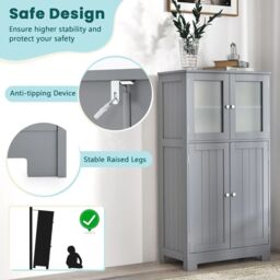 Costway Bathroom Floor Cabinet Freestanding Storage Cupboard W/ 2 Tempered Glass Doors in Grey - thumbnail 6