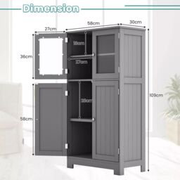 Costway Bathroom Floor Cabinet Freestanding Storage Cupboard W/ 2 Tempered Glass Doors in Grey - thumbnail 2
