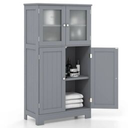 Costway Bathroom Floor Cabinet Freestanding Storage Cupboard W/ 2 Tempered Glass Doors in Grey