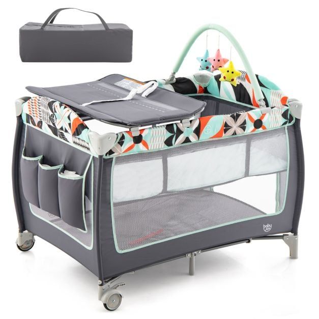 Costway 4 in 1 Infant Nursery Center Folding Baby Playard w/ Toy Bar in Blue - image 1