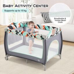 Costway 4 in 1 Infant Nursery Center Folding Baby Playard w/ Toy Bar in Blue - thumbnail 3