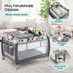 Costway 4 in 1 Infant Nursery Center Folding Baby Playard w/ Toy Bar in Blue - thumbnail 2