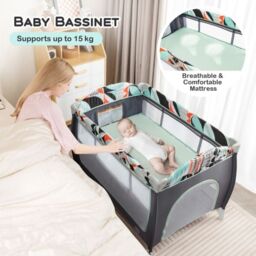 Costway 4 in 1 Infant Nursery Center Folding Baby Playard w/ Toy Bar in Blue - thumbnail 4