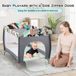 Costway 4 in 1 Infant Nursery Center Folding Baby Playard w/ Toy Bar in Blue - thumbnail 6