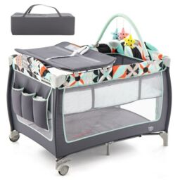 Costway 4 in 1 Infant Nursery Center Folding Baby Playard w/ Toy Bar in Blue