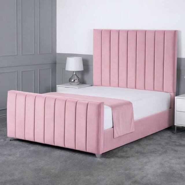 Living Comfort Bedz Empress Plush Velvet Upholstered Bed Slatted Base - 48Inch Headboard in Pink - Size: Small Double - image 1