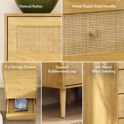 VonHaus Sienna 5 Drawer Rattan Fronted Tall Chest of Drawers in Natural - thumbnail 4