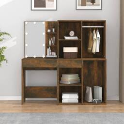Berkfield Home LED Dressing Table with Cabinets Smoked Oak Engineered Wood in Brown - thumbnail 4