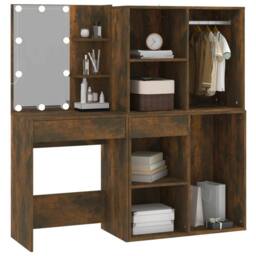 Berkfield Home LED Dressing Table with Cabinets Smoked Oak Engineered Wood in Brown - thumbnail 5
