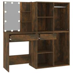 Berkfield Home LED Dressing Table with Cabinets Smoked Oak Engineered Wood in Brown - thumbnail 7