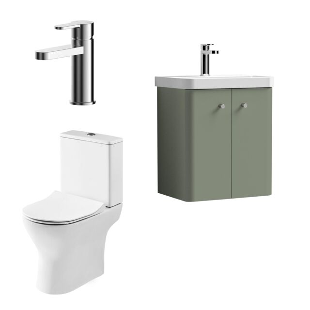 Balterley Wall Hung 2 Door Bathroom Vanity Unit, Tap & Toilet Pack, Green, 479mm in Green - image 1