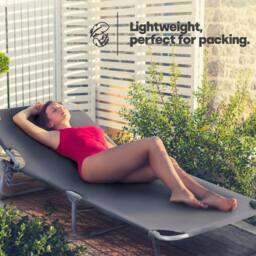 LIVIVO Folding Sun Lounger Black Reclining Garden Sunbed Chair with Steel Frame PVC Fabric Outdoor Lounge Chair in Light Grey - thumbnail 2