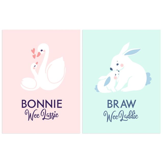 Artery8 Wall Art Print Pack of 2 A4 Scottish Kids Baby Nursery Bonnie Wee Boy Girl Lassie Laddie Swan Bunny Baby Pink & Blue Living Room s Set - image 1