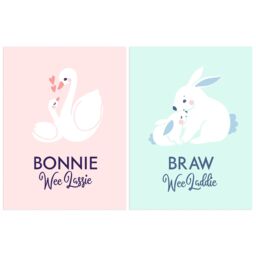 Artery8 Wall Art Print Pack of 2 A4 Scottish Kids Baby Nursery Bonnie Wee Boy Girl Lassie Laddie Swan Bunny Baby Pink & Blue Living Room s Set - thumbnail 1