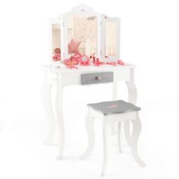 Costway Kids Vanity Table Set 2 in 1 Toddler Princess Pretend Makeup Dressing Table in White