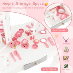 Costway Kids Vanity Table Set 2 in 1 Toddler Princess Pretend Makeup Dressing Table in White - thumbnail 6