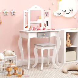 Costway Kids Vanity Table Set 2 in 1 Toddler Princess Pretend Makeup Dressing Table in White - thumbnail 3