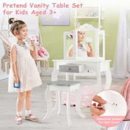 Costway Kids Vanity Table Set 2 in 1 Toddler Princess Pretend Makeup Dressing Table in White - thumbnail 4