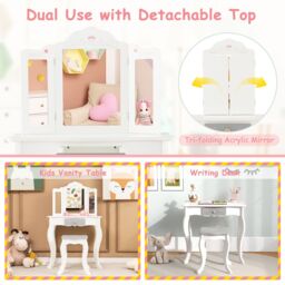 Costway Kids Vanity Table Set 2 in 1 Toddler Princess Pretend Makeup Dressing Table in White - thumbnail 5