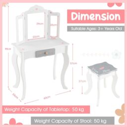 Costway Kids Vanity Table Set 2 in 1 Toddler Princess Pretend Makeup Dressing Table in White - thumbnail 2