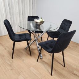 KOSY KOALA Round Chrome Metal & Clear Glass Dining Table & 4 Black Tufted Velvet Chairs Kitchen Dining Set - thumbnail 6