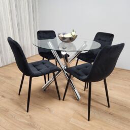 KOSY KOALA Round Chrome Metal & Clear Glass Dining Table & 4 Black Tufted Velvet Chairs Kitchen Dining Set - thumbnail 3