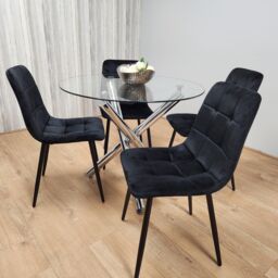 KOSY KOALA Round Chrome Metal & Clear Glass Dining Table & 4 Black Tufted Velvet Chairs Kitchen Dining Set - thumbnail 4