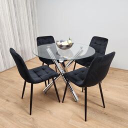 KOSY KOALA Round Chrome Metal & Clear Glass Dining Table & 4 Black Tufted Velvet Chairs Kitchen Dining Set
