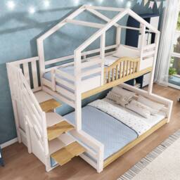 Merax White Single over Double Children's House Bunk Bed with Storage Stairs - thumbnail 1