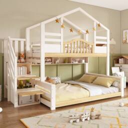 Merax White Single over Double Children's House Bunk Bed with Storage Stairs - thumbnail 7