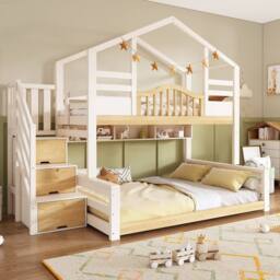 Merax White Single over Double Children's House Bunk Bed with Storage Stairs - thumbnail 8