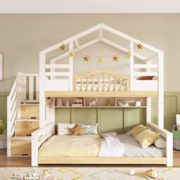 Merax White Single over Double Children's House Bunk Bed with Storage Stairs - thumbnail 6