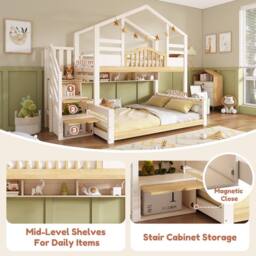 Merax White Single over Double Children's House Bunk Bed with Storage Stairs - thumbnail 3