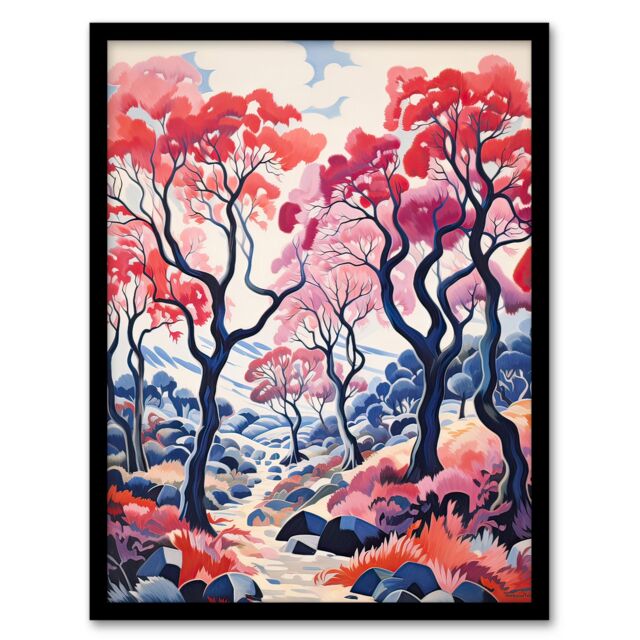 Artery8 Wall Art Print Autumn Trees Countryside Landscape Pink & Blue Framed - Size: A4 - image 1