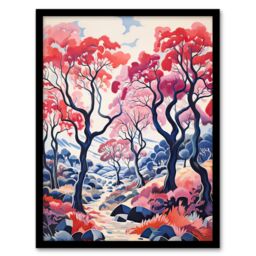 Artery8 Wall Art Print Autumn Trees Countryside Landscape Pink & Blue Framed - Size: A4 - thumbnail 1
