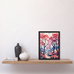 Artery8 Wall Art Print Autumn Trees Countryside Landscape Pink & Blue Framed - Size: A4 - thumbnail 4