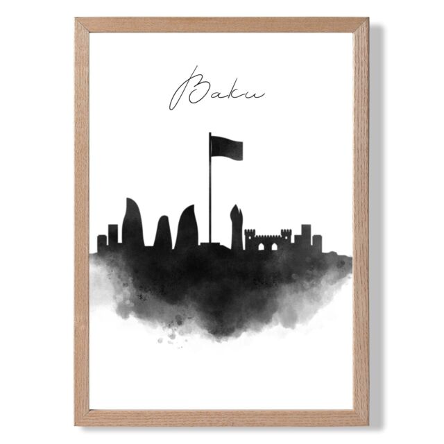 ARTZE Baku Watercolour Skyline City Framed Print SIZE: A3 with Oak Frame in Black - Size: A4 - image 1