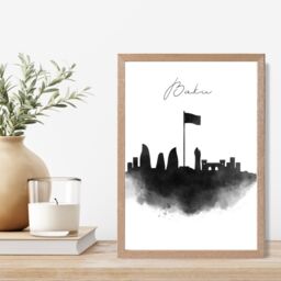 ARTZE Baku Watercolour Skyline City Framed Print SIZE: A3 with Oak Frame in Black - Size: A4 - thumbnail 2