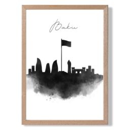 ARTZE Baku Watercolour Skyline City Framed Print SIZE: A3 with Oak Frame in Black - Size: A4 - thumbnail 1