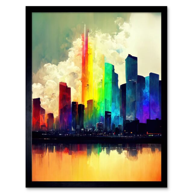 "Artery8 Wall Art Print Glass City Of Rainbow Reflections Cityscape Art Framed in Black - Size: W12"" x H16""" - image 1