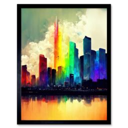 "Artery8 Wall Art Print Glass City Of Rainbow Reflections Cityscape Art Framed in Black - Size: W12"" x H16""" - thumbnail 1