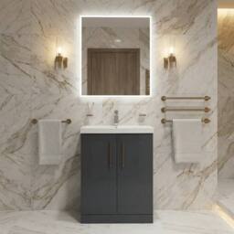 Balterley Modern Bathroom 2 Soft Close Door Vanity Unit Basin, Dark Grey, 600mm in Grey - thumbnail 2