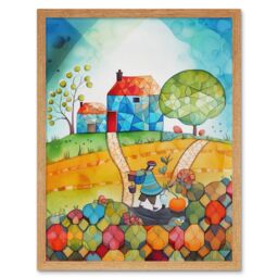 "Artery8 Wall Art Print Farmer Heading Home Folk Art Watercolour Painting Art Framed in Light Oak - Size: W12"" x H16""" - thumbnail 1