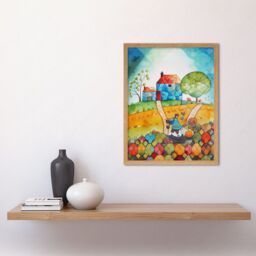 "Artery8 Wall Art Print Farmer Heading Home Folk Art Watercolour Painting Art Framed in Light Oak - Size: W12"" x H16""" - thumbnail 2